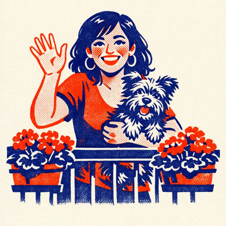 Lucía, a neighbour on her balcony holding a small dog