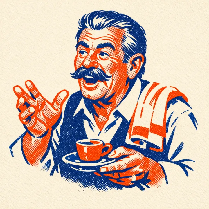 Manolo, a mustached bartender holding a coffee cup