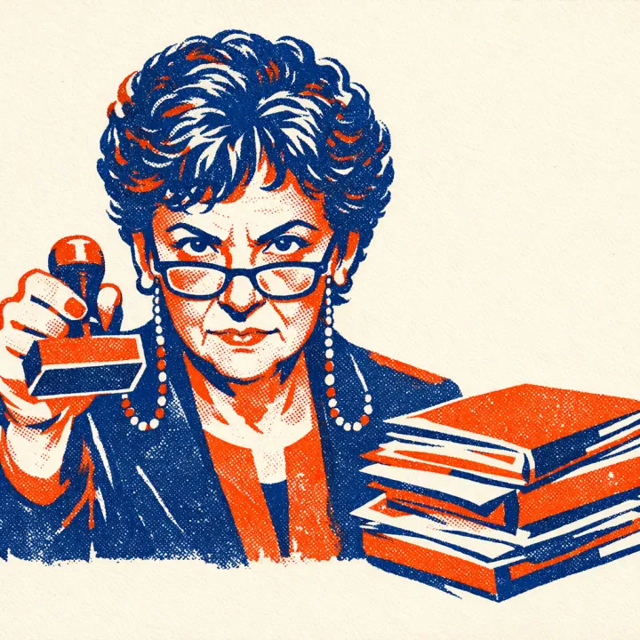 Pilar, an immigration-office clerk, raising a rubber stamp