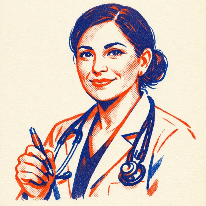 Doctora Ruiz, a family doctor with a stethoscope