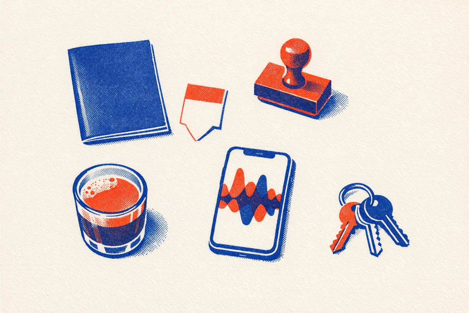 Passport, queue ticket, rubber stamp, café con leche, keys and a phone playing a voice note